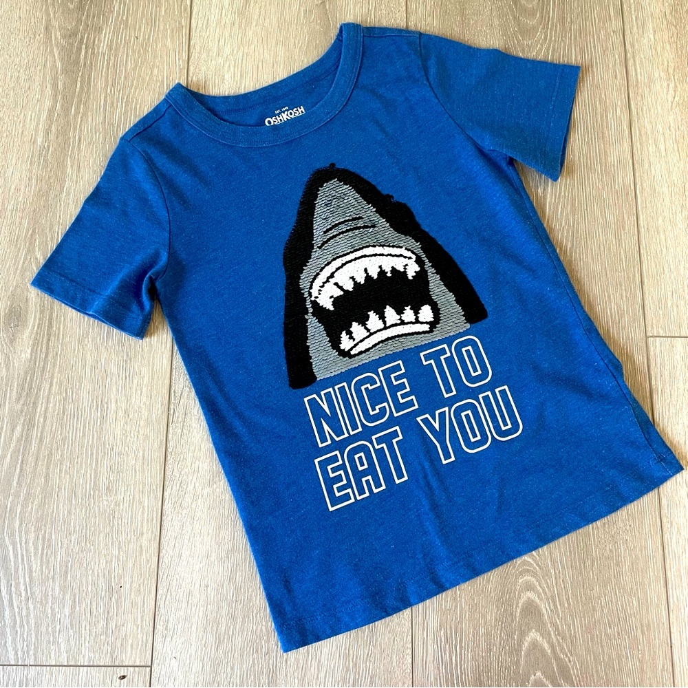 OshKosh “Nice to Eat You” Shark Sequin Tee in Blue Size 6